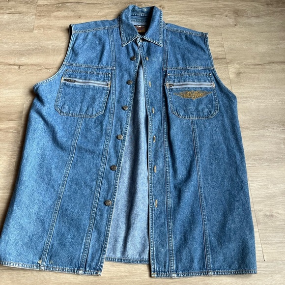 Harley-Davidson Other - Vintage HARLEY Davidson Men's Genuine Denim Sleeveless Button Down Shirt SZ L